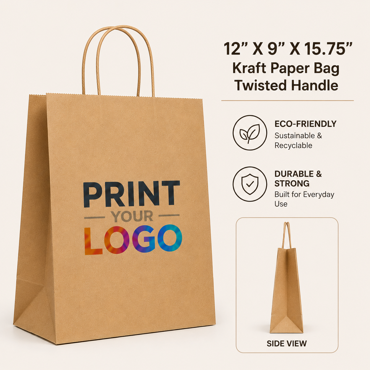 Custom 12" X 9" X 15.75" Kraft Paper Bag - Twisted Handle