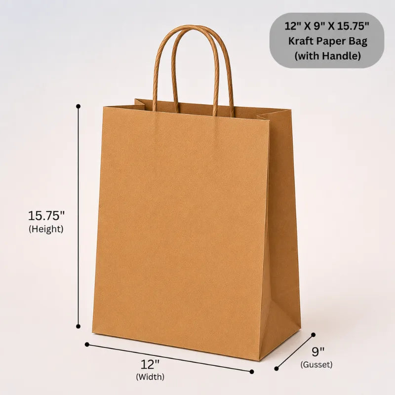 12'' X 9'' X 15.75" kraft paper bags with handle (pack of 250)