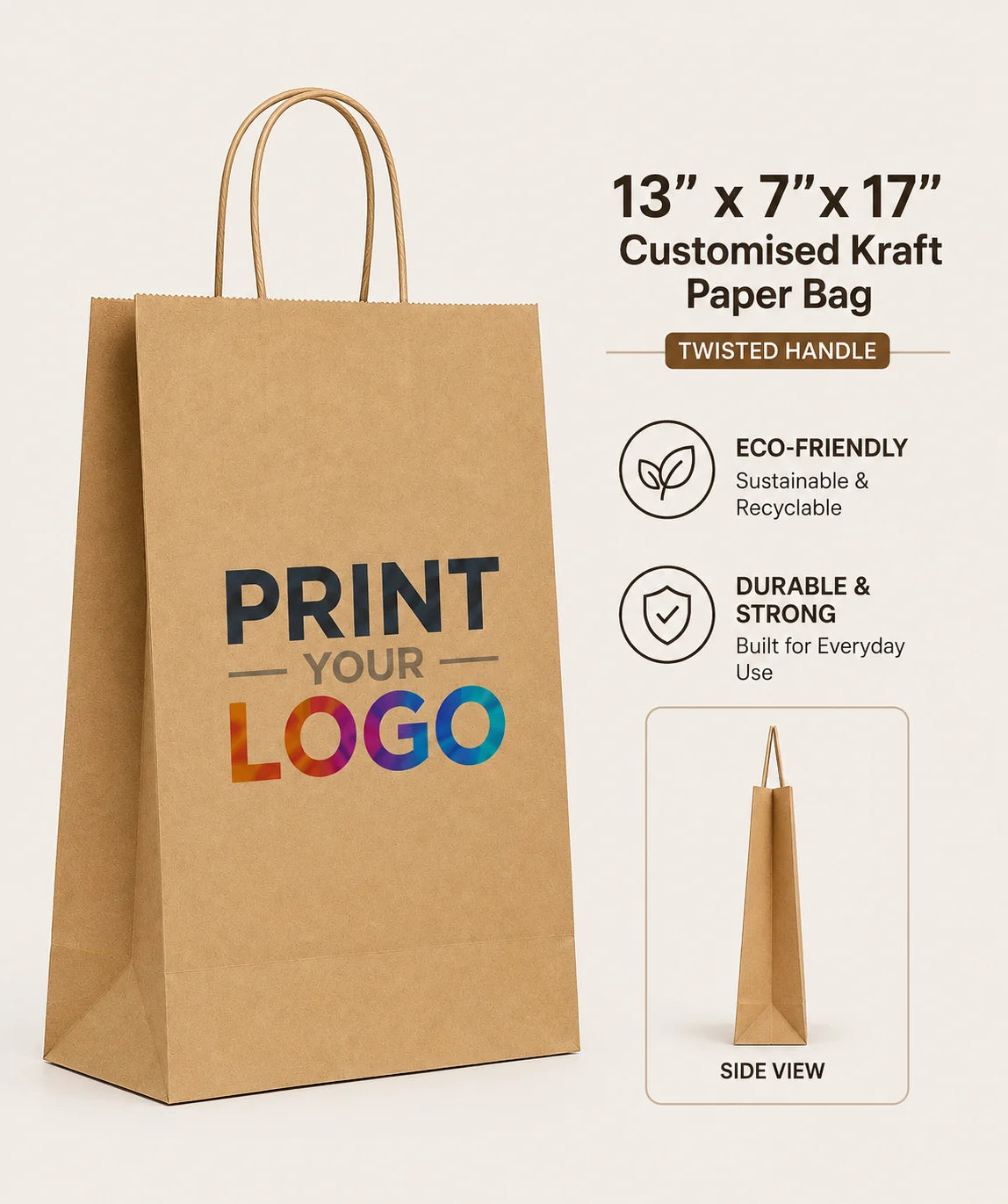 Customised 13" X 7" X 17" Kraft Paper Bag | Twisted Handle