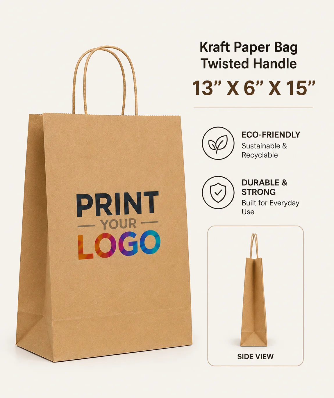 13" X 6" X 15 Customised Kraft Paper Bag - Twisted Handle