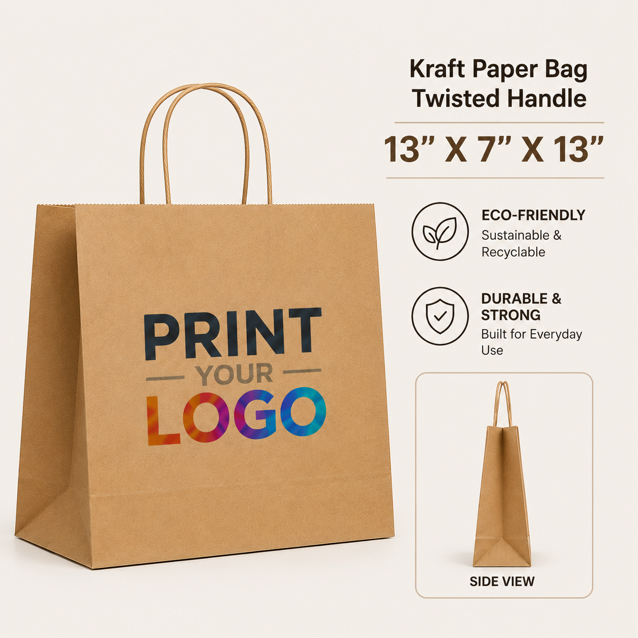 13" X 7" X 13 Customised Kraft Paper Bag - Twisted Handle