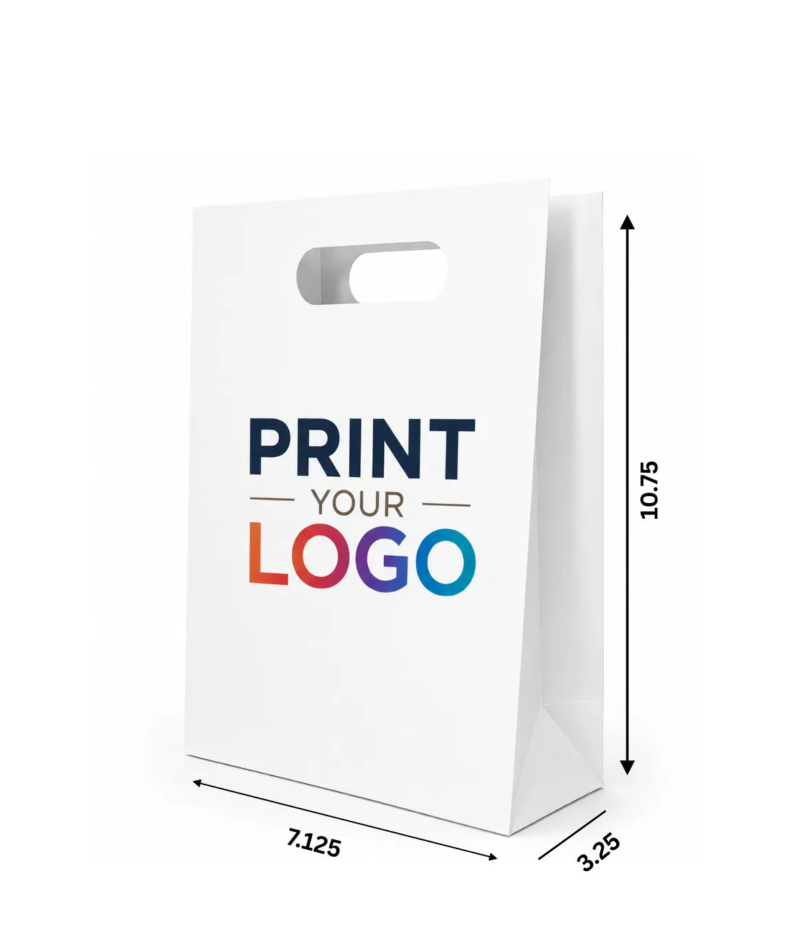 Custom Printed Snack White Paper Bags 7.125" x 3.25" x 10.75" with Die-Cut Handles