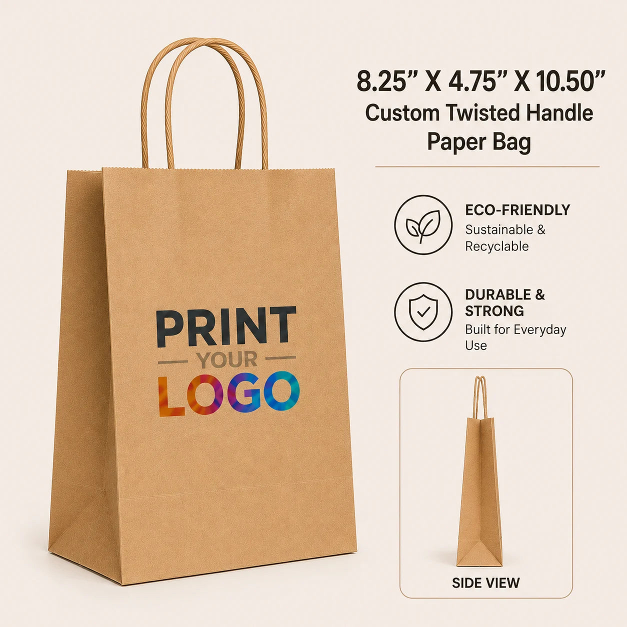 Custom Twisted Handle Paper Bag -  -8.25" X4.75" X 10.50"