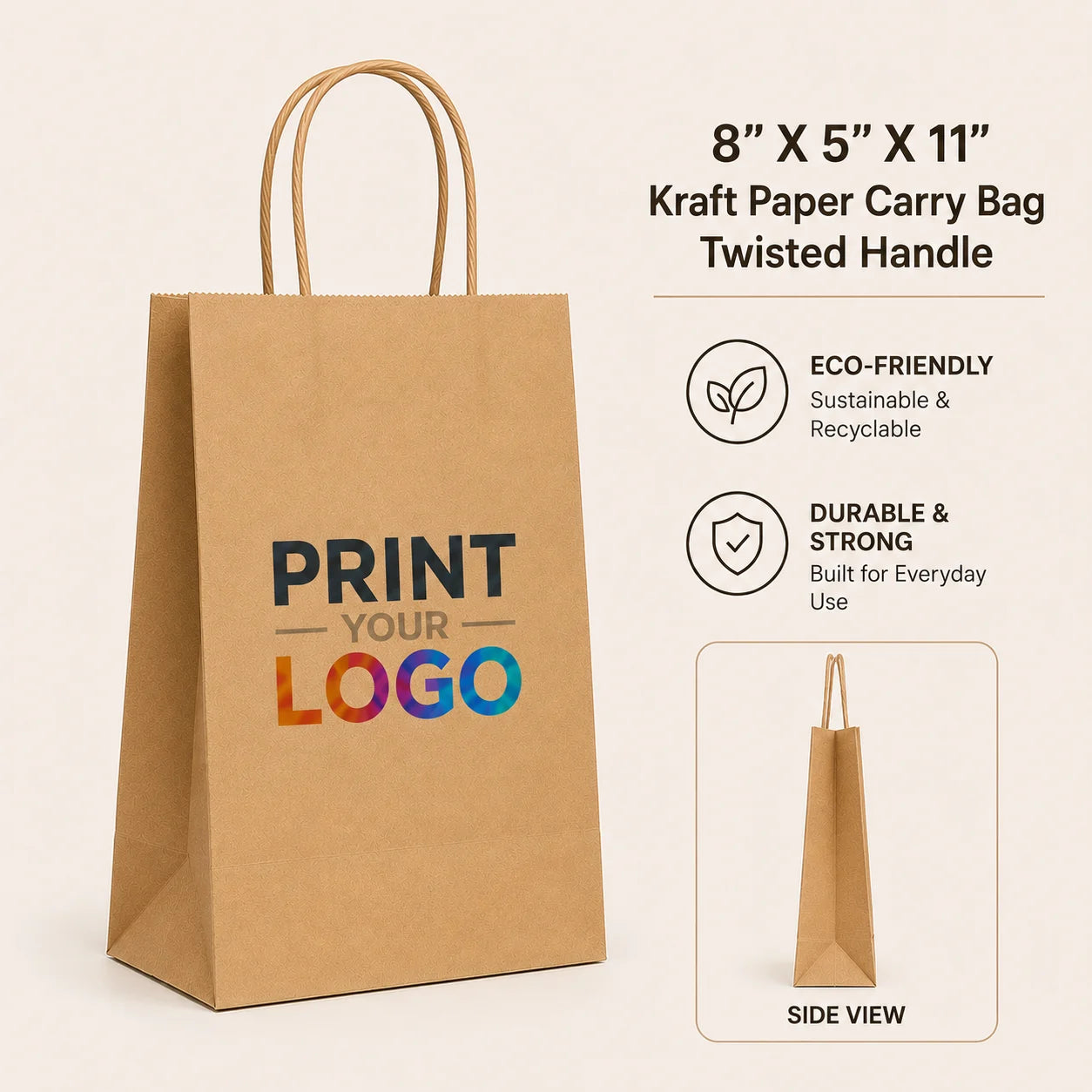 Custom Kraft Paper Carry Bag - 8”x5”x11” -Twisted Handle