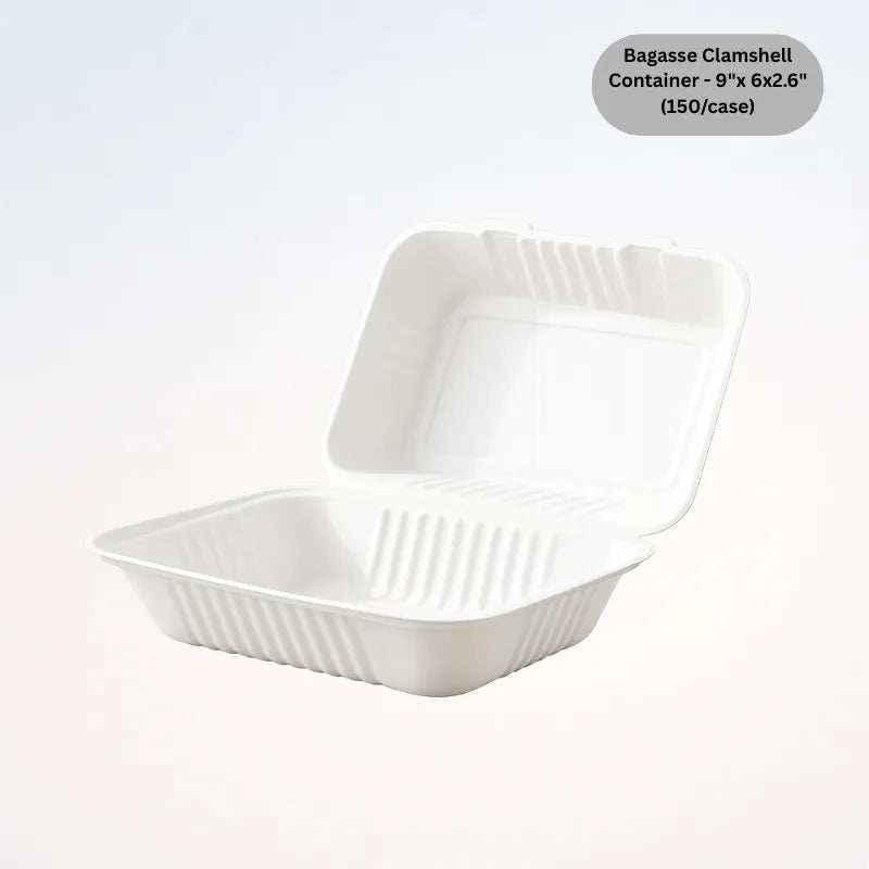 Bagasse Clamshell Container - 9"x 6” x 3” - (150/case)