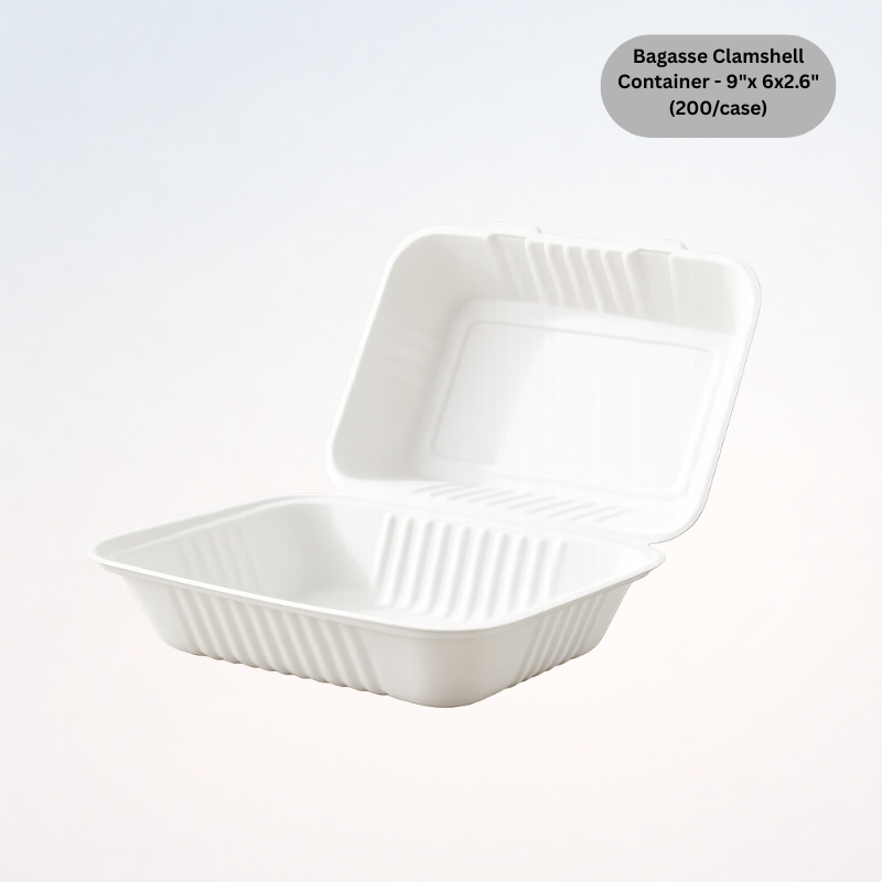 Bagasse Clamshell Container - 9"x 6” x 3" - (200/case)