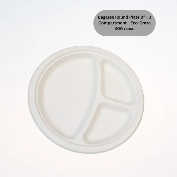 Bagasse Round Plate 9” - 3 Compartment - Eco-Craze