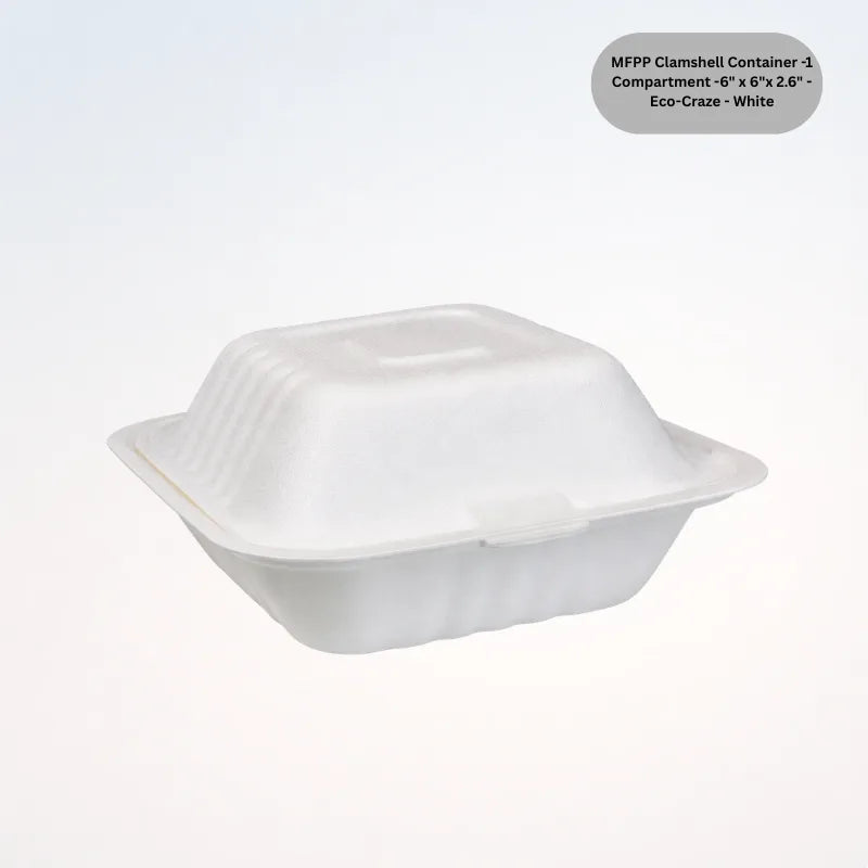 MFPP Clamshell Container -1 Compartment -6" x 6"x 2.6" - Eco-Craze - White