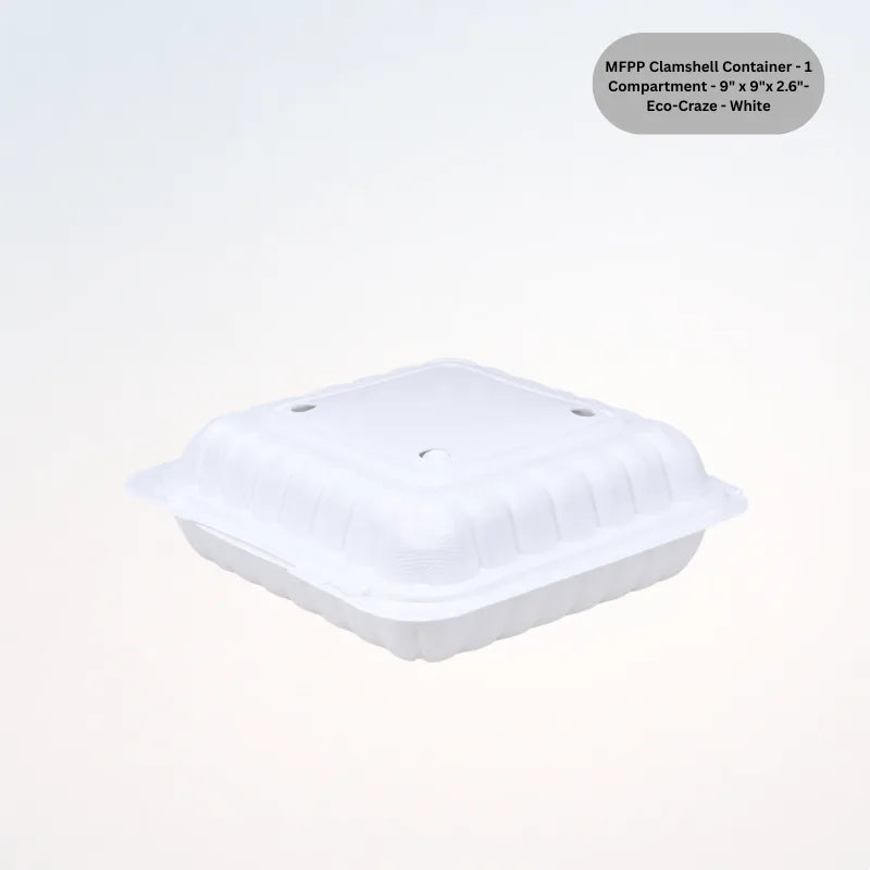 MFPP Clamshell Container - 1 Compartment - 9" x 9"x 2.6"- Eco-Craze - White