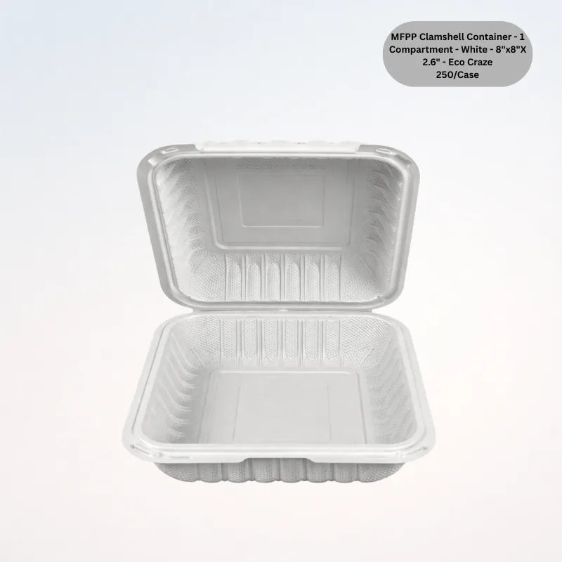 MFPP Clamshell Container - 1 Compartment - White - 8"x8"X 2.6" - Eco Craze