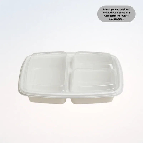 Rectangular Containers with Lids Combo -T33 - 3 Compartment - White