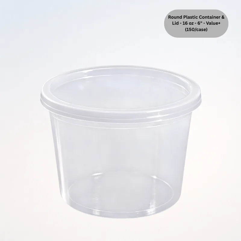Round Plastic Container & Lid - 16 oz - 6" - Value+