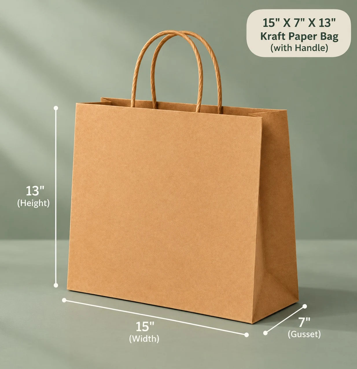15x7x13 kraft paper bag with twisted paper handle showing 15 inch width, 13 inch height and 7 inch gusset