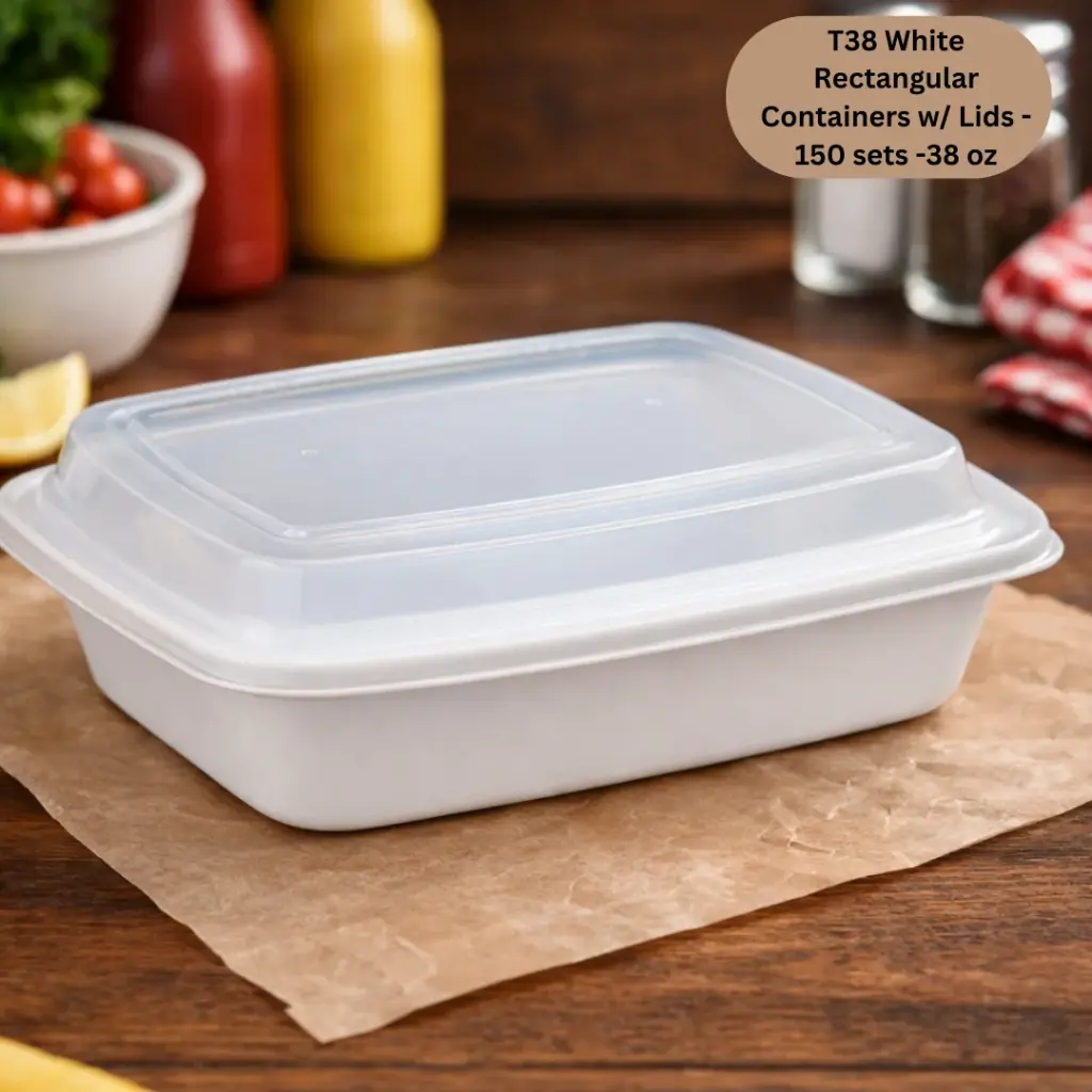 T38 White Rectangular Containers w/ Lids - 150 sets -38 oz