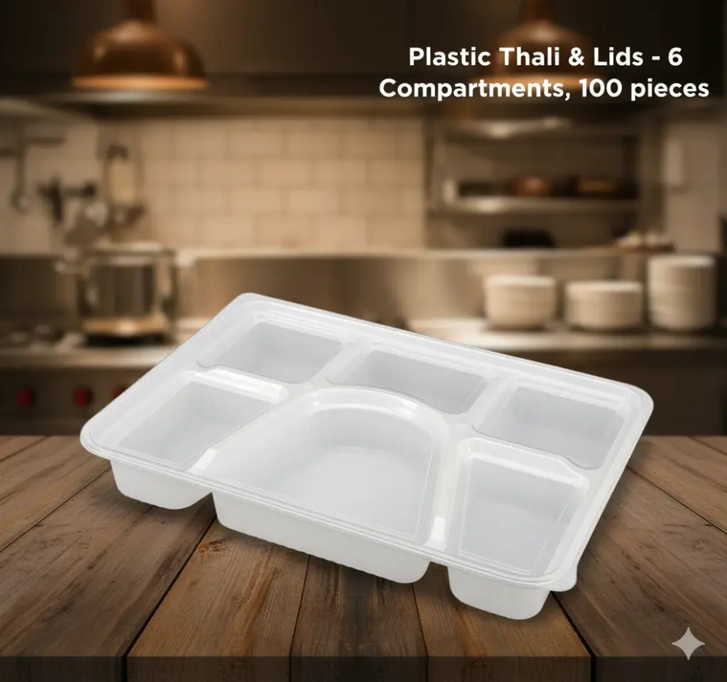 Plastic Thali & Lids - 6 Compartments 