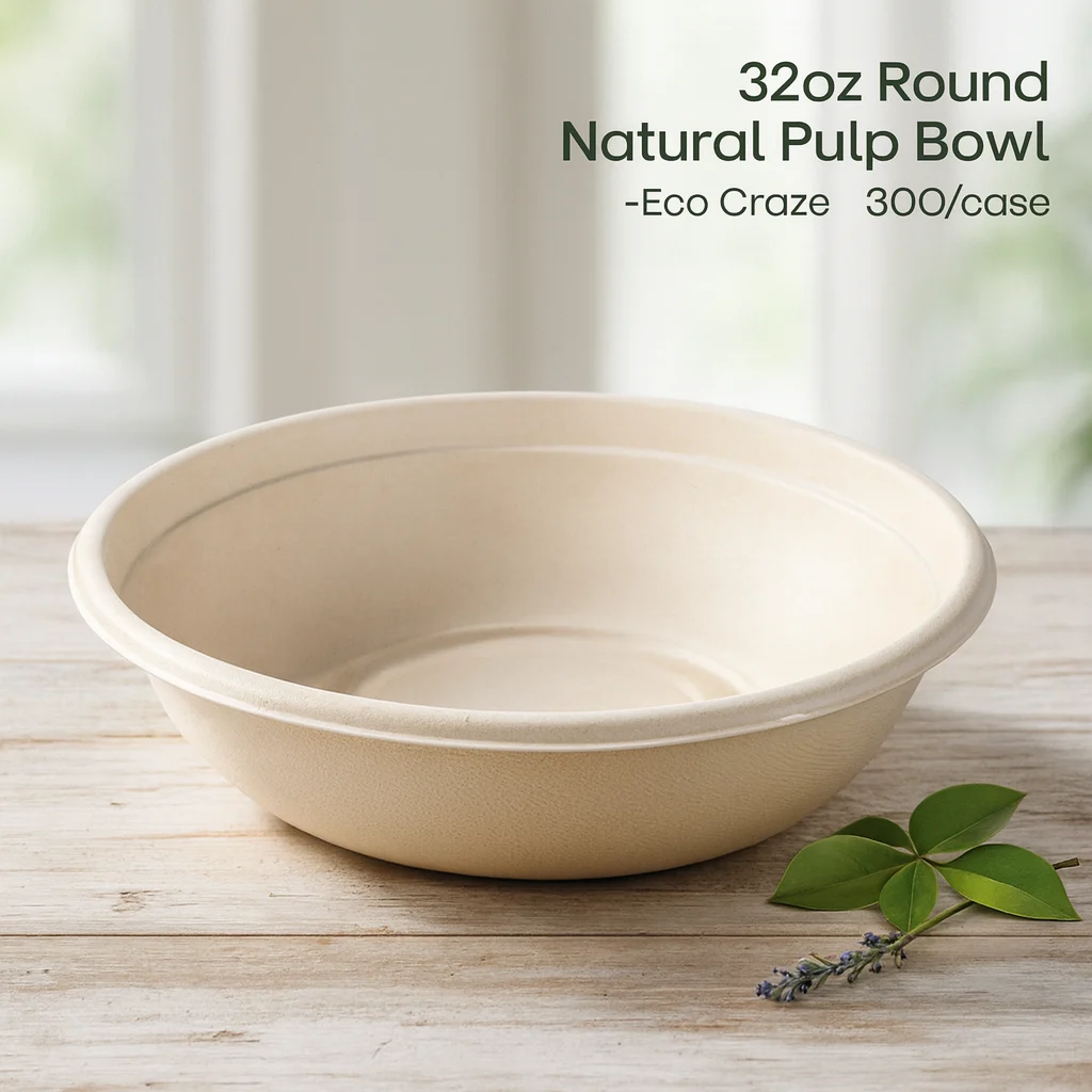 32oz Round Natural Pulp Bowl -Eco Craze  CR32