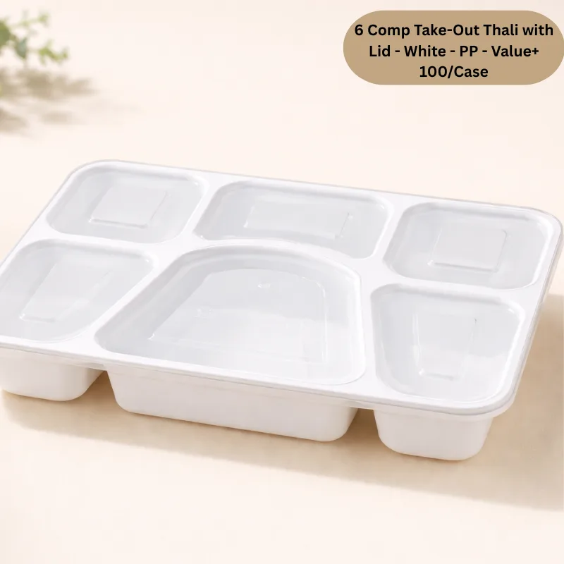 6 Comp Take-Out Thali with Lid - White - PP 