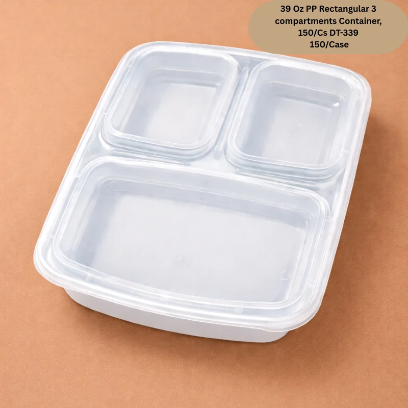 39 Oz PP Rectangular 3 compartments Container, 150/Cs - DT-339