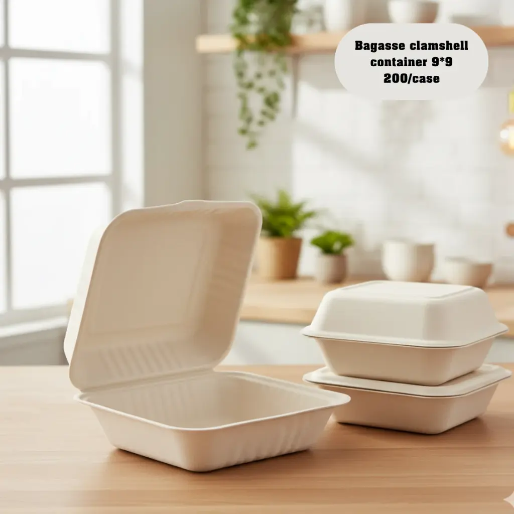 Bagasse Clamshell Container - 9"x 9" (150/case)
