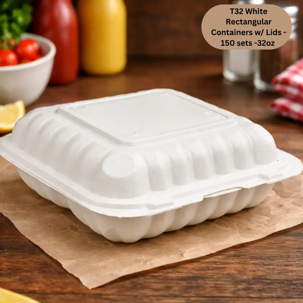 T32 White Rectangular Containers w/ Lids - 150 sets -32oz 